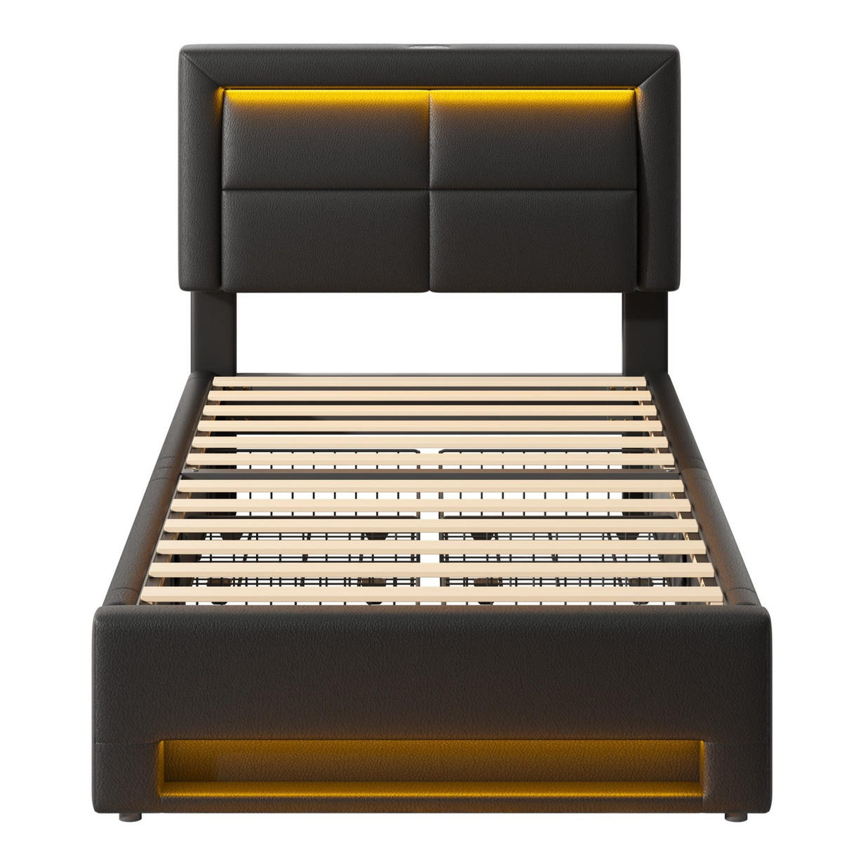 POLSTERBETT 90/190 cm Schwarz aus PU mit LED-Beleuchtung und USB-Anschluss - Schwarz, Kunststoff (90/200cm) - OKMYHOME