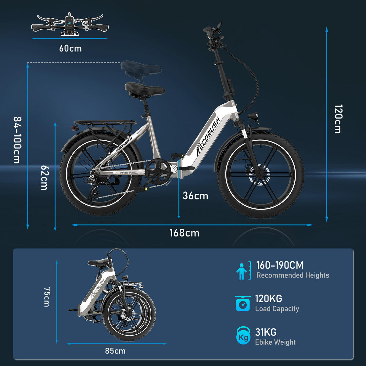 E-BIKE Klapprad R2 20×4.0", 499,2 Wh, 7-Gang, Aluminiumrahmen - Goldfarben, Metall (30cm) - ECORUSH