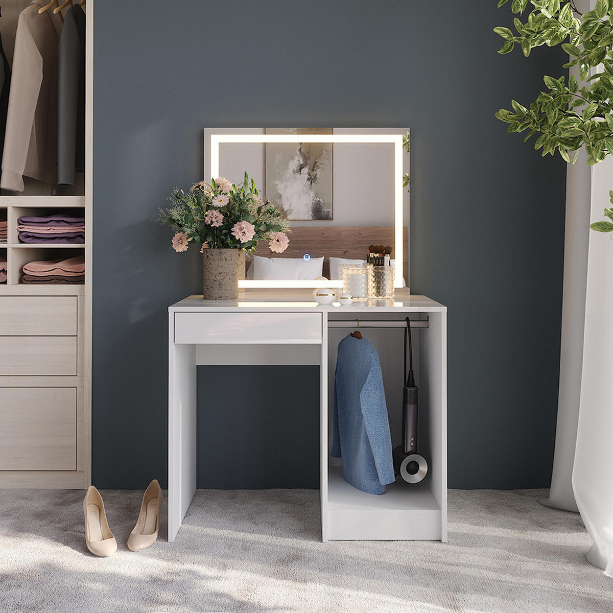 SCHMINKTISCH Sherry Weiß/Weiß Hochglanz 89.8 cm mit LED-Spiegel - Weiß Hochglanz, Holzwerkstoff (89.8/76/50.1cm) - Vicco