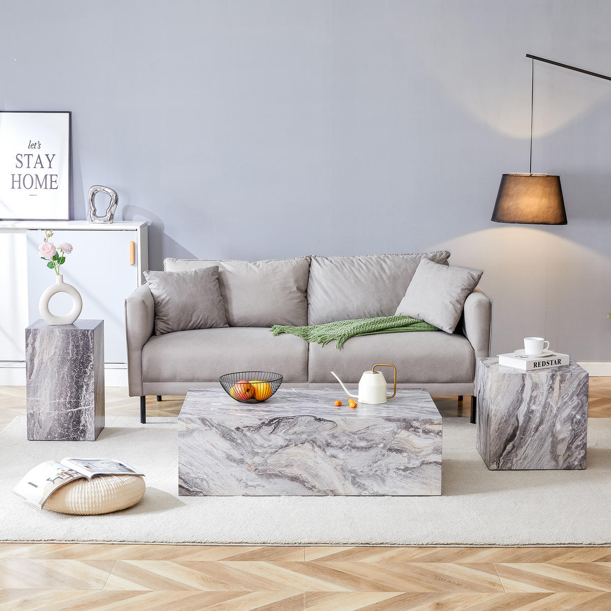 COUCHTISCH in Grau Wohnzimmertisch mit Marmorimitat-Textur für Wohnzimmer, B90/T50/H30 cm - Grau, Holzwerkstoff (50/90/30cm) - STILVORA