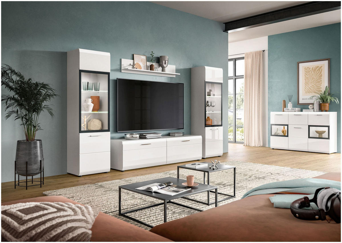 WOHNWAND Ice weiß hochglanz 220/160/41 cm - Weiß, Holzwerkstoff (220/160/41cm) - Xonox