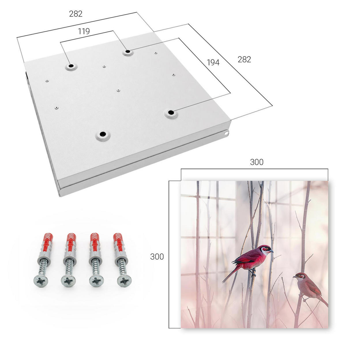 SCHLÜSSELBOX Weiß 30x30 cm – Türöffnung nach rechts - Zwei Vögel - Rot, Metall (30/30/5cm) - TULUP
