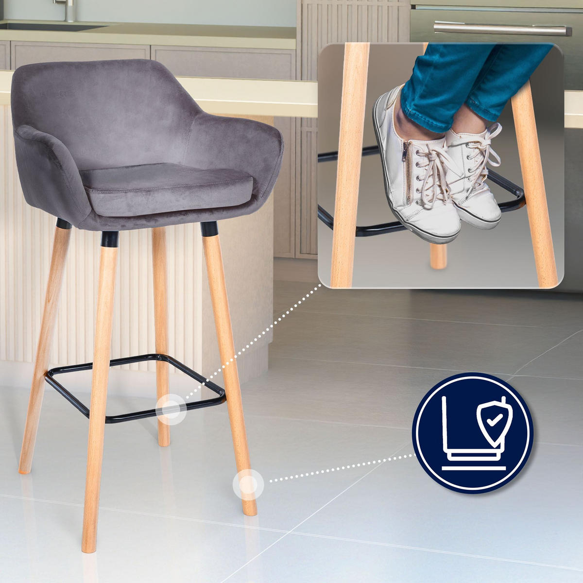 BARHOCKER 2er Set Samt Grau - Eukalyptusholzfarben/Grau, Holz/Textil (51/101/50cm) - CLP