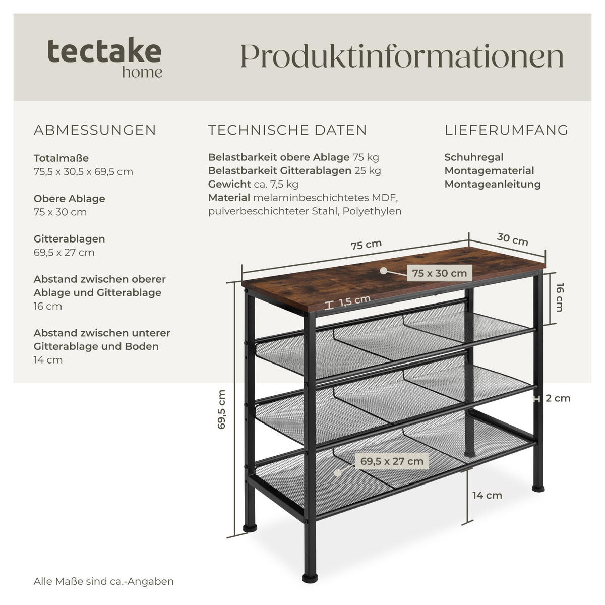 SCHUHREGAL Wolverhampton,75,5 x 30,5 x 69,5 cm,Industrial Holz dunkel, rustikal - Rostfarben, Holz (30.5/69.5/75.5cm) - tectake