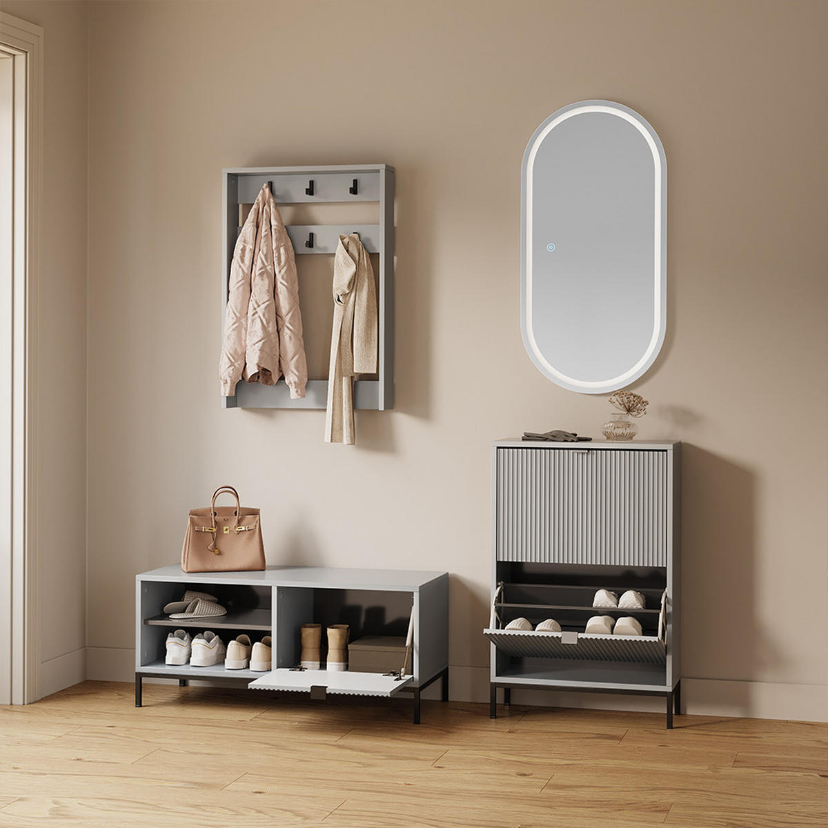 GARDEROBE Aterno Grau Set, 2 Teile - Grau, Holzwerkstoff (60/92/24cm) - Livinity®