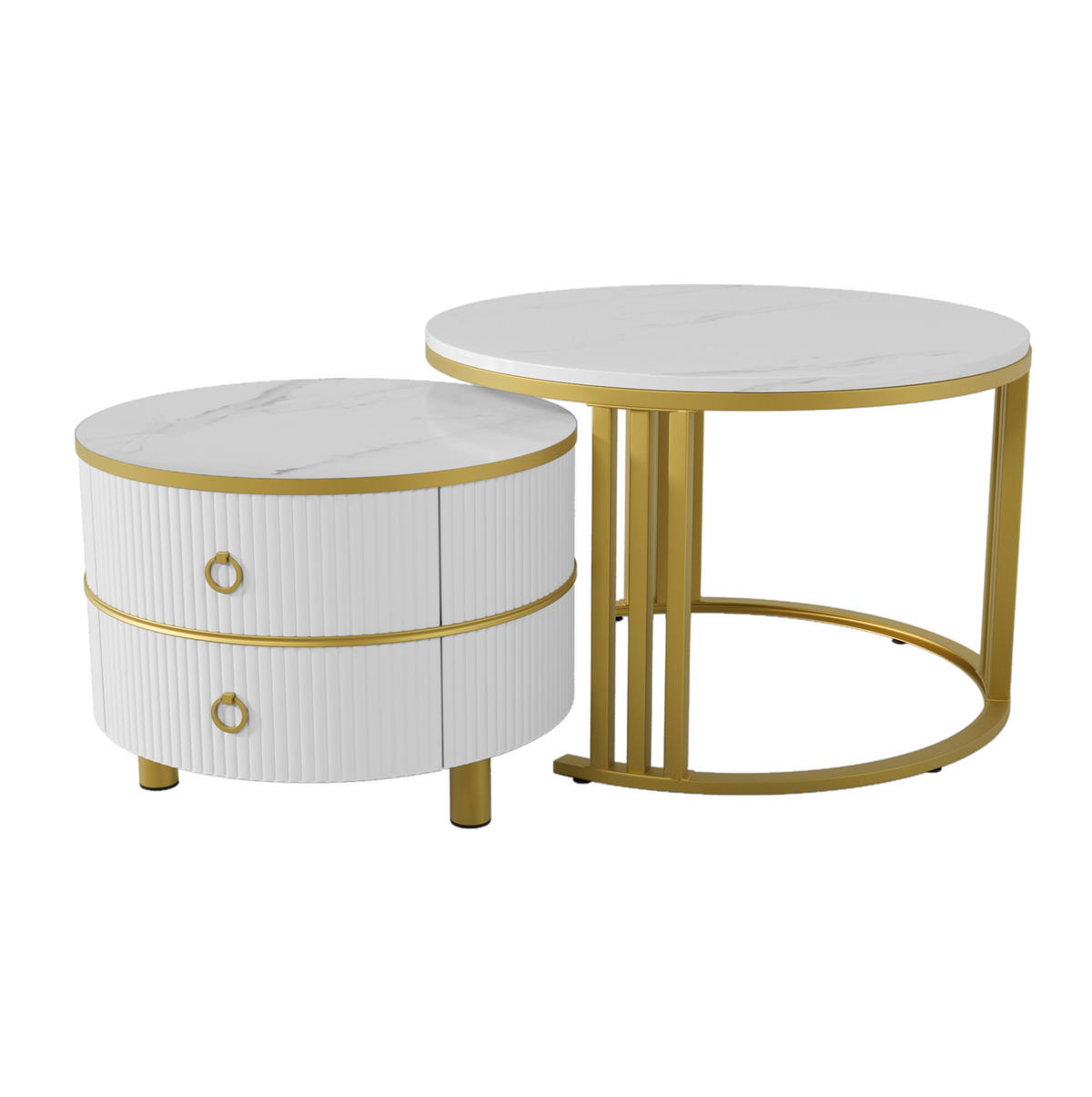 COUCHTISCH-SET 70/70/46 + 50/50/40 cm in Weiß mit Marmordekor und 2 Schubladen - Goldfarben/Weiß, Holzwerkstoff (70/70/46cm) - Flora Grace