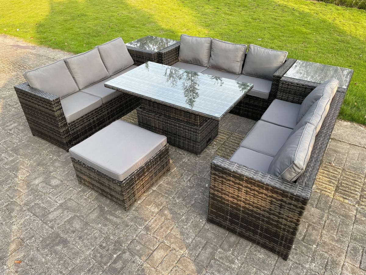 GARTENTISCHGRUPPE Polyrattan 10-Sitzer - Dunkelgrau/Grau, Glas/Kunststoff - Fimous