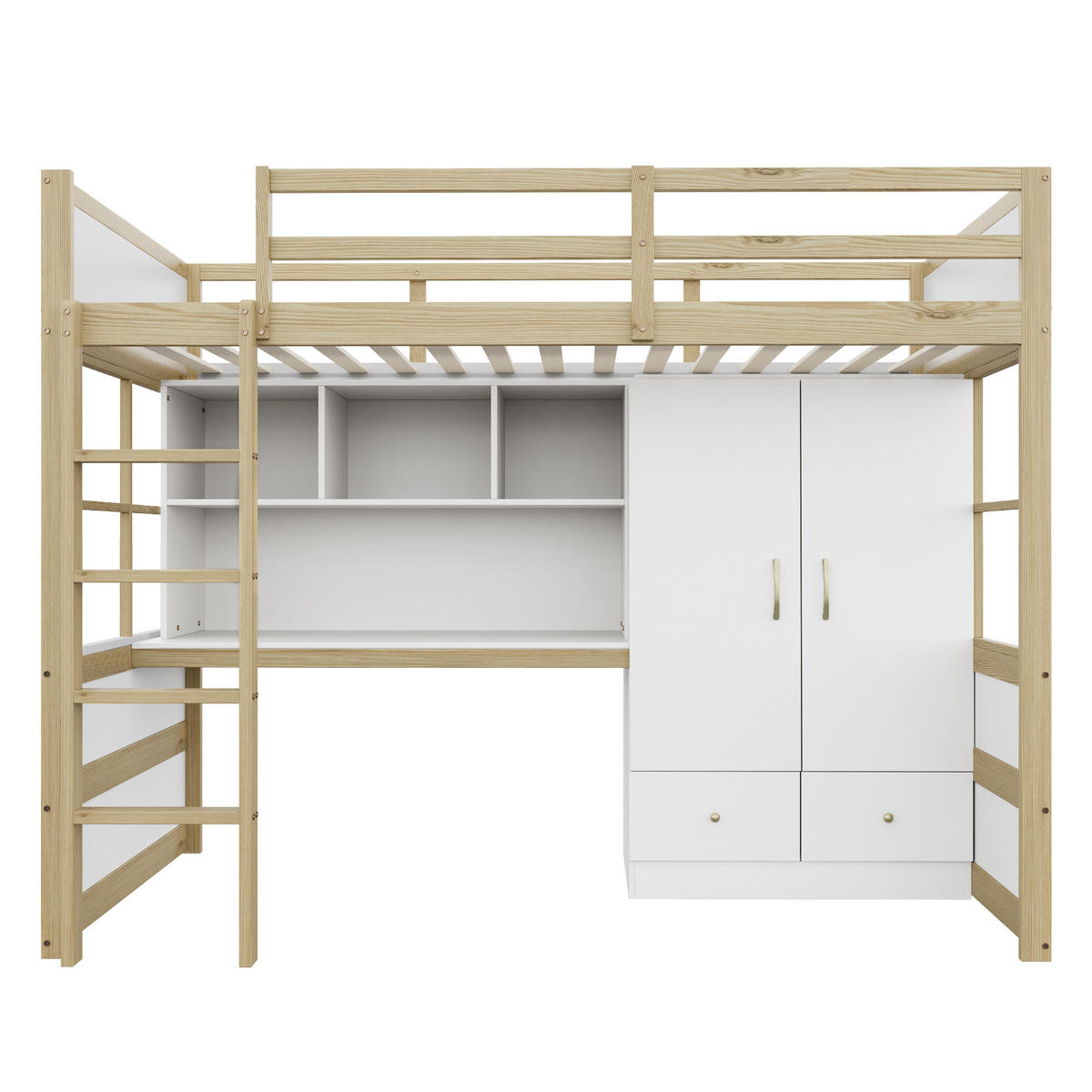 HOCHBETT aus Massivholz 90x200 cm in Naturholz mit Schreibtisch & Kleiderschrank - Naturfarben, Holz (90/200cm) - Modfu