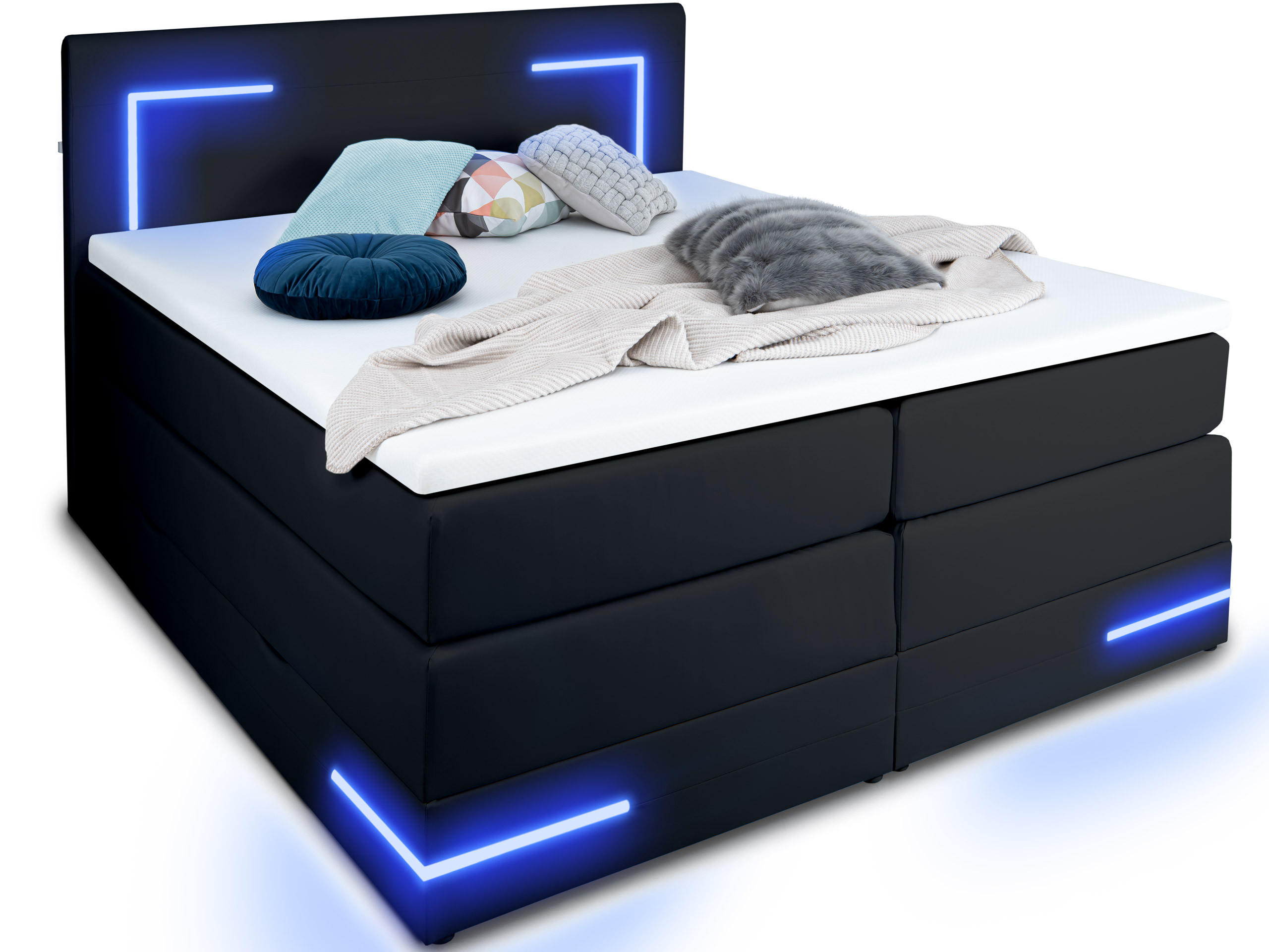 BOXSPRINGBETT Lights 2.0 Schwarz 160/200 cm H2/H3 Kunstleder - Schwarz, Textil (160/200cm) - wonello