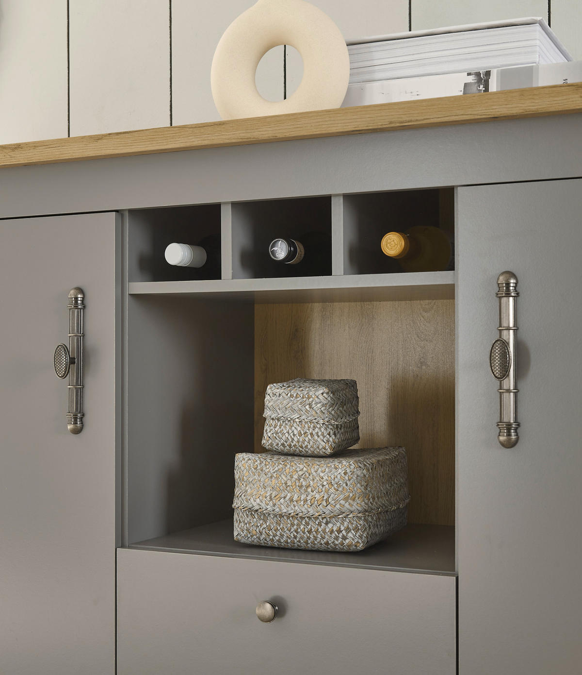 WOHNWAND grau, Artisan Eiche Landhaus 4-teilig 328 cm, Wohnkombination mit viel Stauraum - Silberfarben/Hellgrau, Holzwerkstoff/Metall (328/201/44cm) - Furn.Design