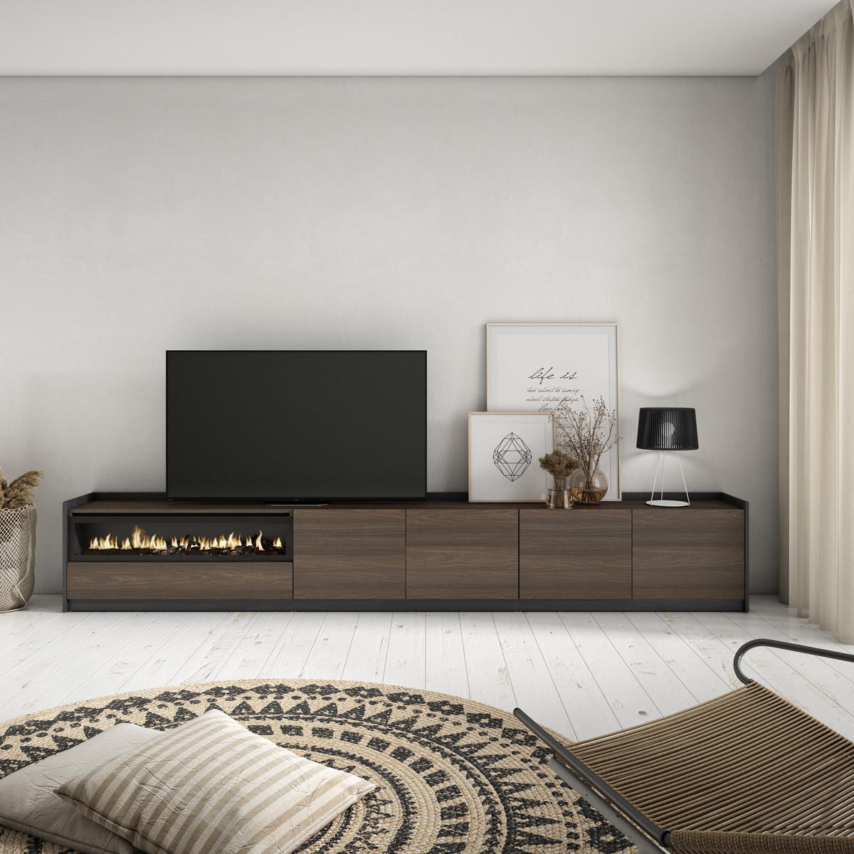 TV-SCHRANK, Dunkler Eiche und Schwarz, Elektrokamin, 310/37/50cm - Dunkelbraun, Holzwerkstoff (310/50/37cm) - Skraut Home