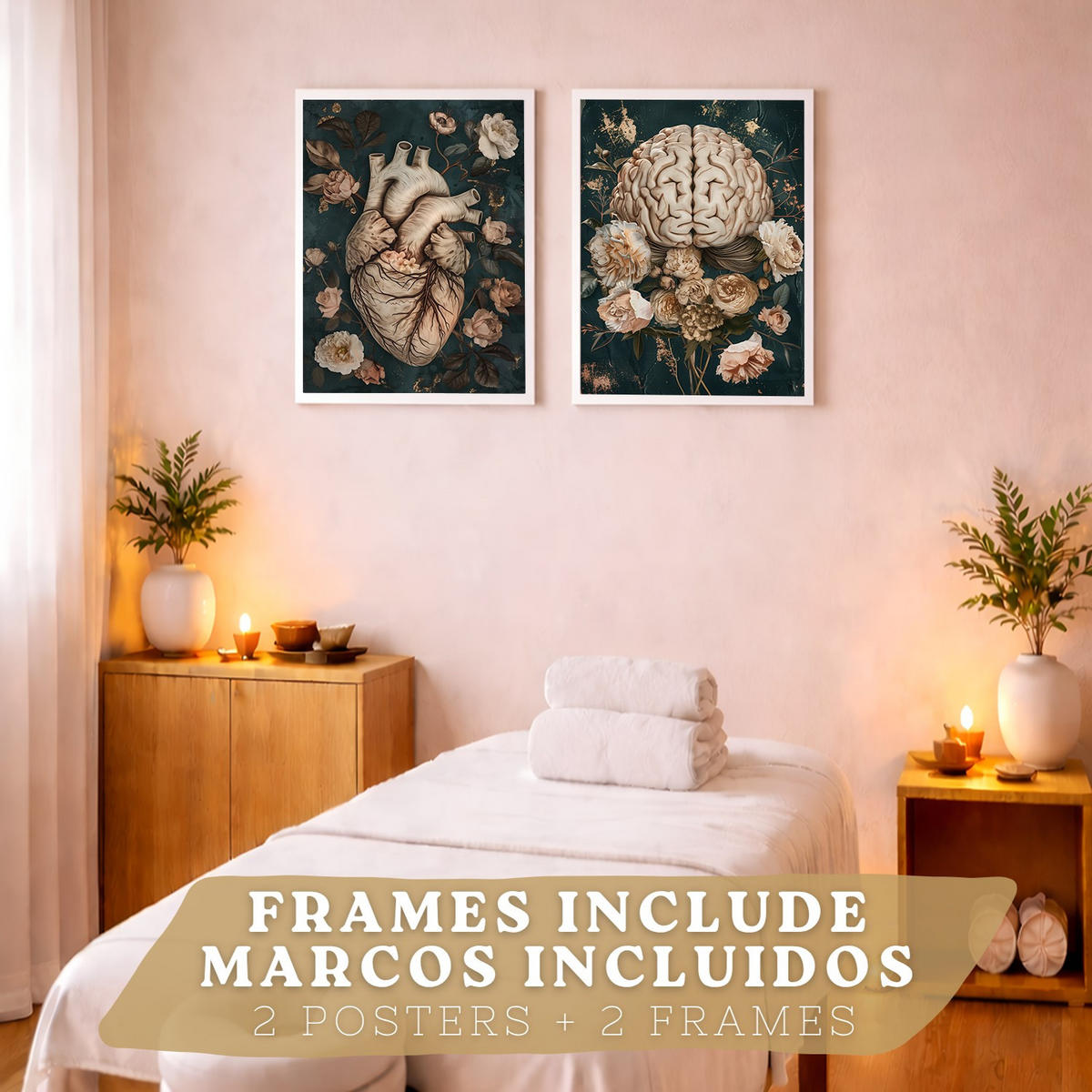 POSTER Set aus 2 Anatomie Mensch Drucke und Wandbilder mit Herz und Gehirn Elegante Florale Illustration Grüner Hintergrund Größe Weißer Rahmen A3 - Weiß, Papier (29.7/42/3cm) - Nacnic