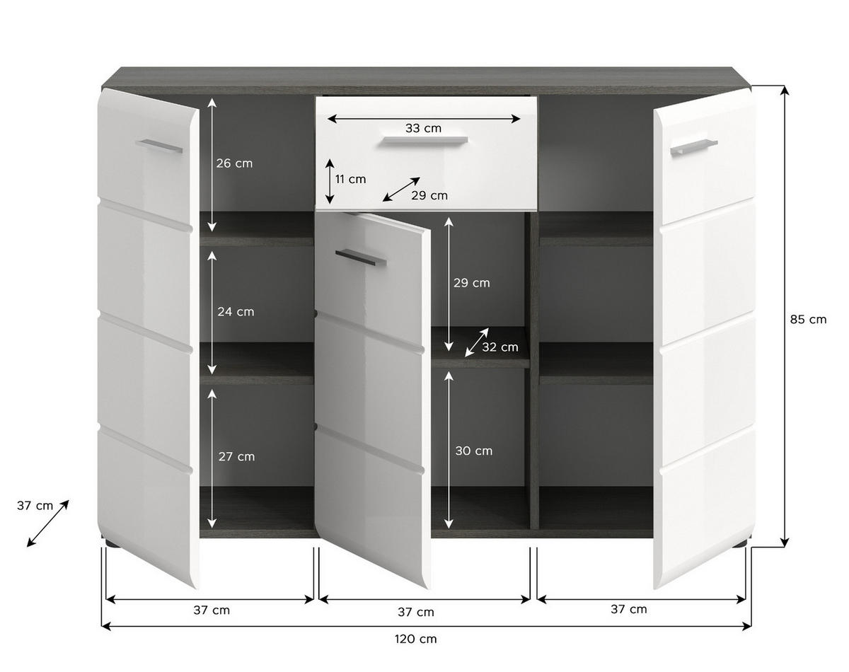SIDEBOARD weiß Hochglanz, grau 120 cm, Kommode viel Stauraum - Weiß Hochglanz/Silberfarben, Holzwerkstoff/Kunststoff (120/85/37cm) - Inn.Furn