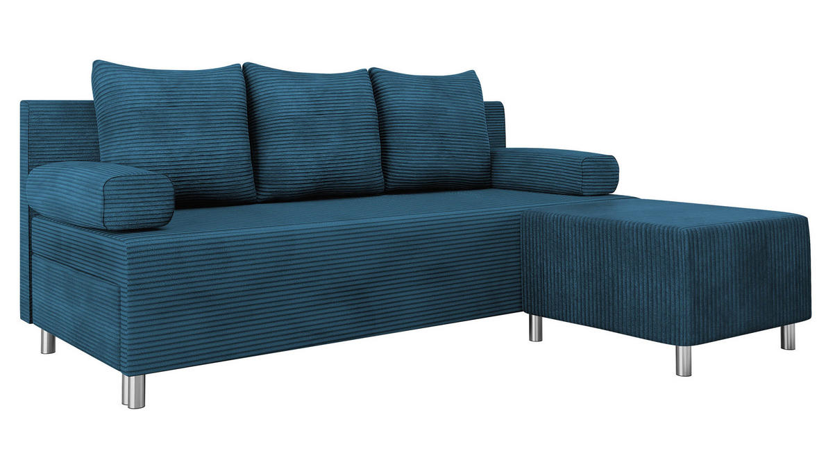 SCHLAFSOFA Dover Cord mit Polsterhocker - Chromfarben/Blau, Holz/Kunststoff (192/80cm) - MIRJAN24