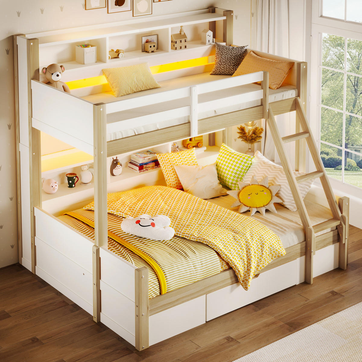 ETAGENBETT 90/200 + 140/200 cm mit LED-Beleuchtung und Stauraum in Weiß/Natur - Weiß, Holz - BEAOK