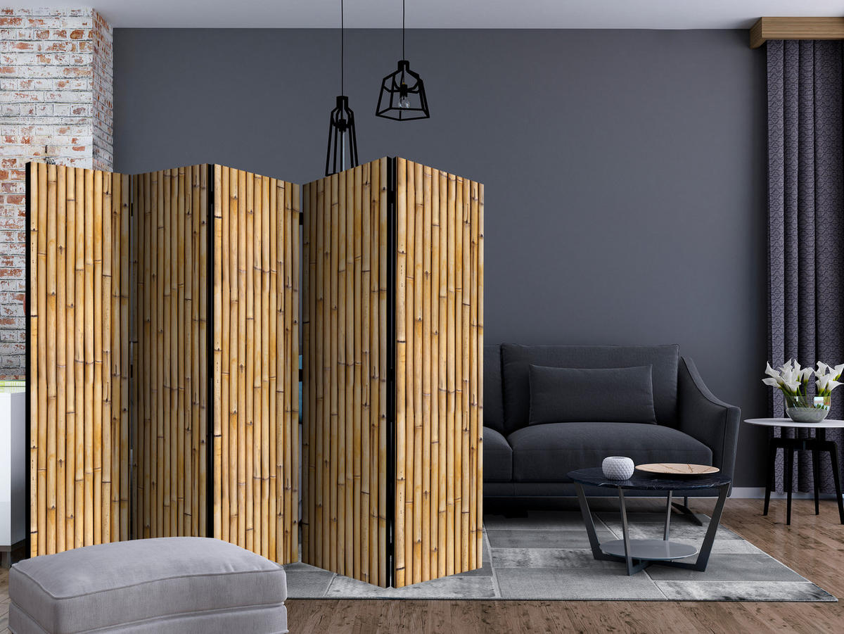 PARAVENT Beidseitig Bedruckter 5-tlg 225x172 cm Bambus Holzwand - Beige, Holz/Textil (225/172/3cm) - Muralo