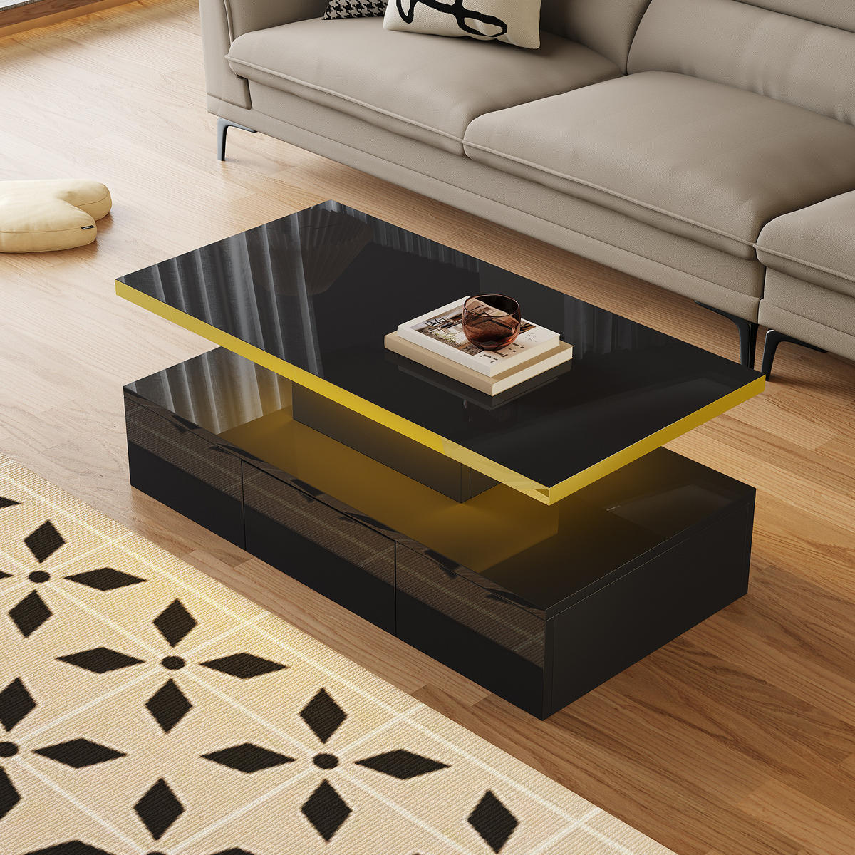 COUCHTISCH, Hochglanz Schwarz mit 2 Ebenen und integrierter Schublade, platzsparendes Design, 100/50/39 cm，Schwarz - Schwarz, Holzwerkstoff (100/50/39cm) - Redom