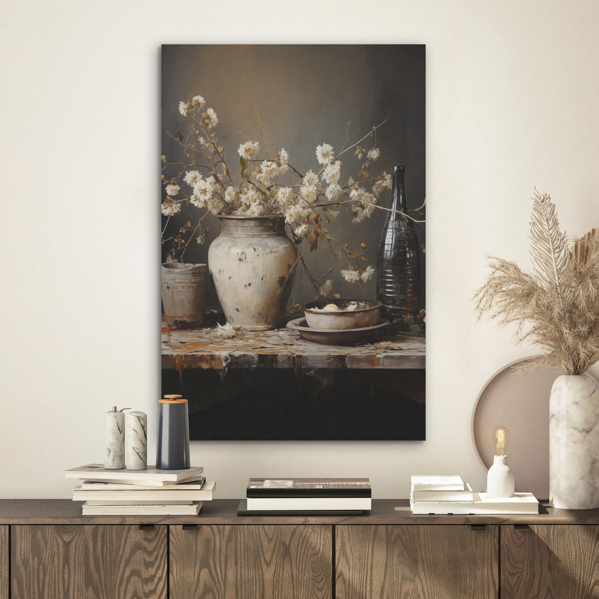 AKUSTICKÝ OBRAZ Zátišie - Kvety - Kytica - Váza - Víno 50x70 cm - čierna, plast (50/70/0.9cm) - MuchoWow
