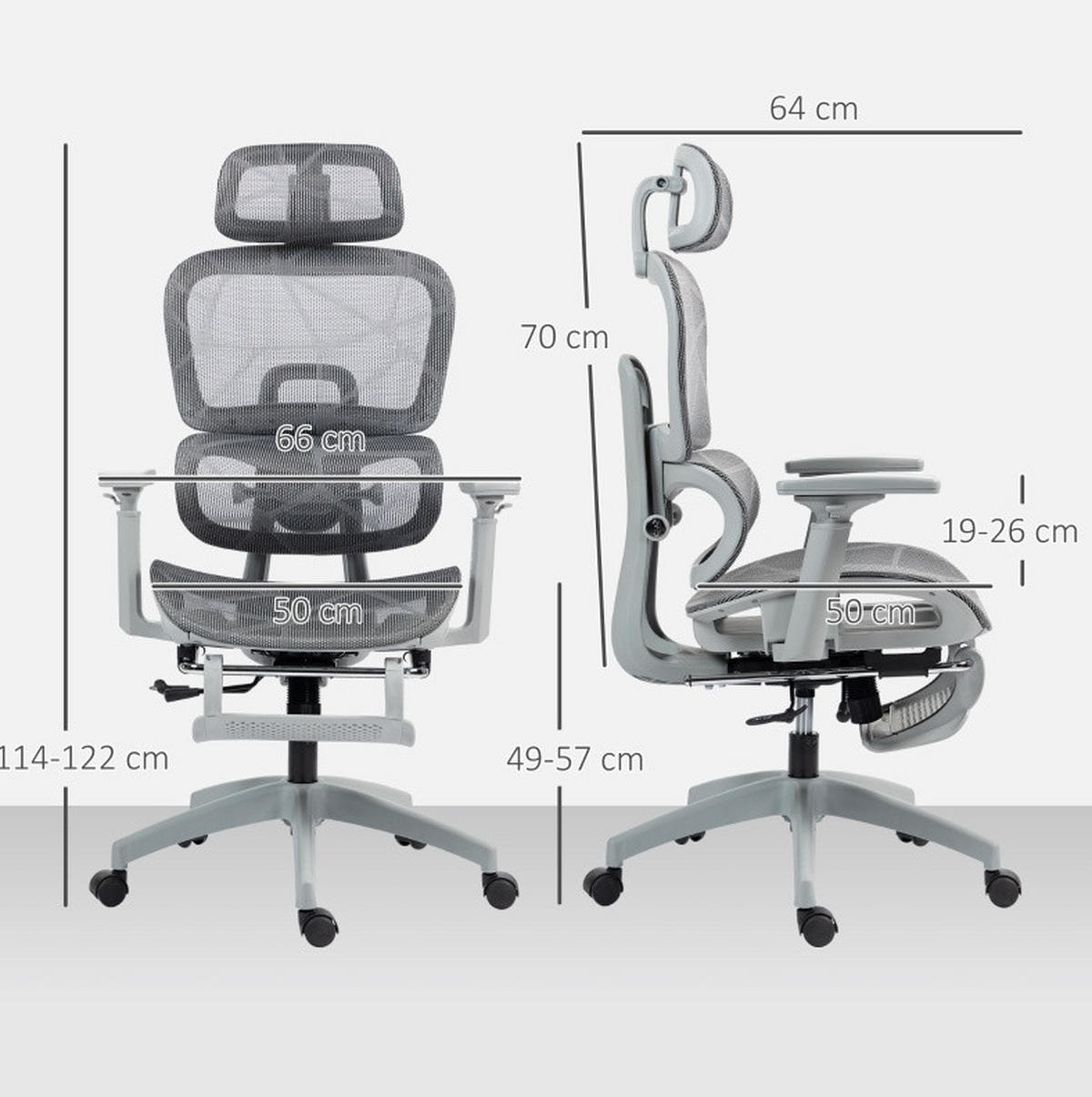 DREHSTUHL 66/64/114-122 cm, ergonomisch verstellbar, neigbar bis 135°, Grau - Grau, Kunststoff (64/122/66cm) - Redom