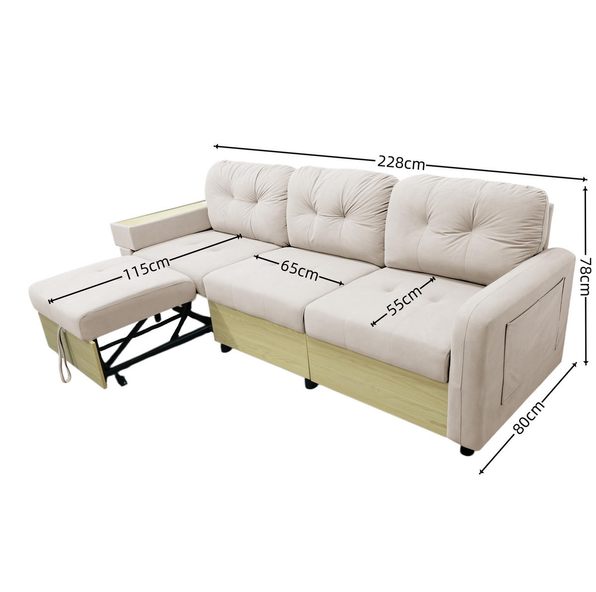ECKSOFA 228/80/78 cm aus Samt mit Ottomane, USB-Anschluss und Stauraum Beige - Beige, Textil (80/228cm) - Modenvie