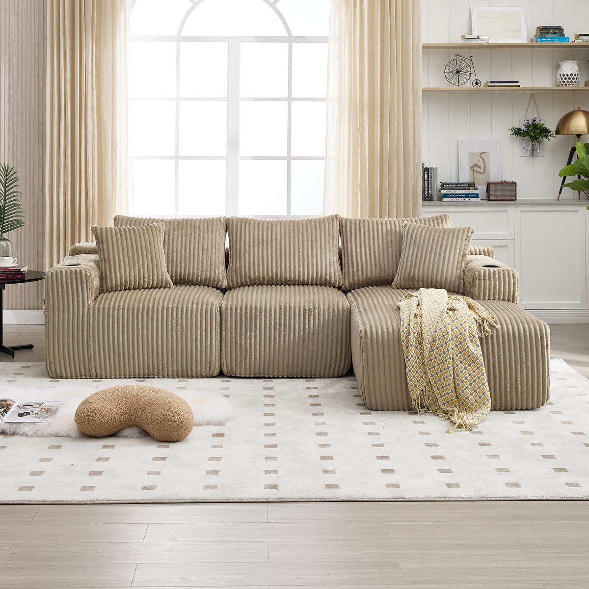 MODULARES Sofa-Set Cord mit Chaiselongue und 2-Sitzer Getränkehalter und Seitentaschen 257/90 160/62 cm Sandfarben - Sandfarben, Textil (160/257cm) - Redom