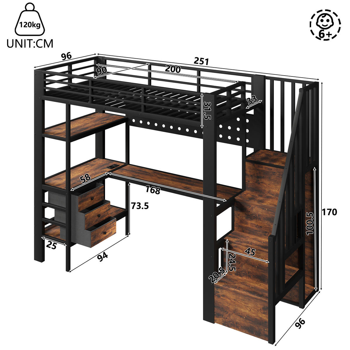 HOCHBETT 90/200 cm aus Metall und MDF mit Schreibtisch, Stauraum, Steckdose und LED-Beleuchtung, Schwarz - Schwarz, Holzwerkstoff (90/200cm) - Redom