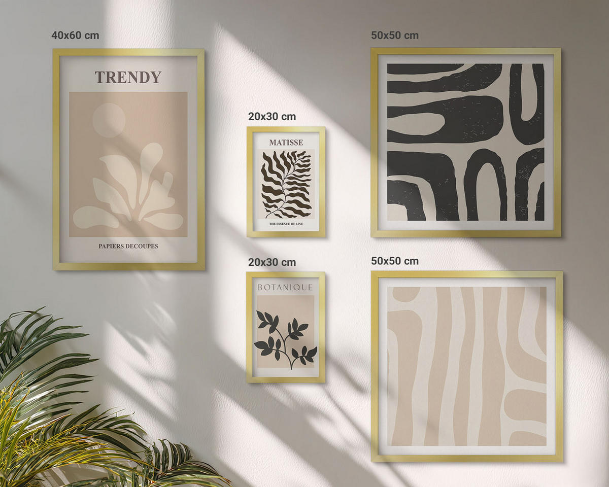 WANDBILDER 5er Set - 50x50 cm & 20x30 cm & 40x60 cm Goldrahmen - Stilvolle Pflanzenmuster in Beige und Schwarz - Goldfarben, Kunststoff (40/60cm) - ArtPrintCave