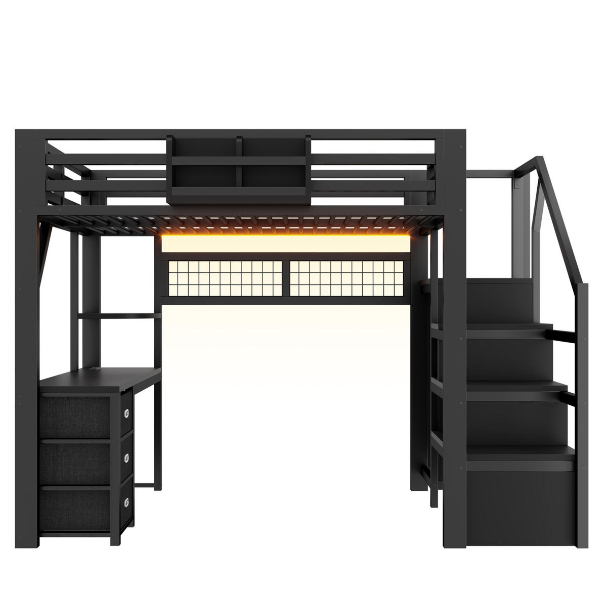 HOCHBETT 140x200 cm in Schwarz mit Schreibtisch, Kleiderschrank und LED-Beleuchtung - Schwarz, Holzwerkstoff (140/200cm) - IVMEU