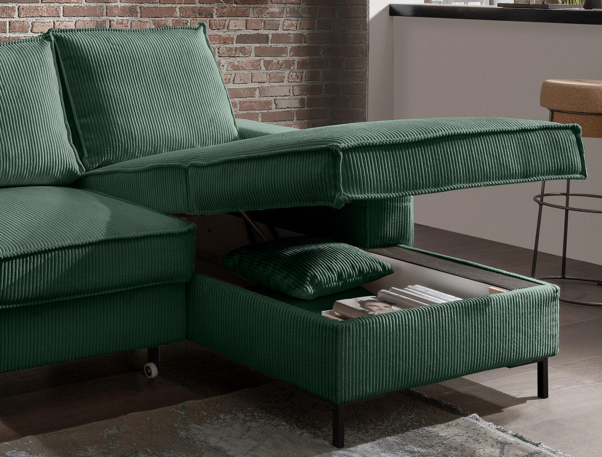 ECKSOFA mit Schlaffunktion, Bettkasten, Wellenunterfederung, Récamiere rechts B240/T150/H92 cm, Liegefl. 125x198 cm, Cord Grün / 17221 - Waldgrün/Schwarz, Textil/Metall (240/150cm) - luma-home