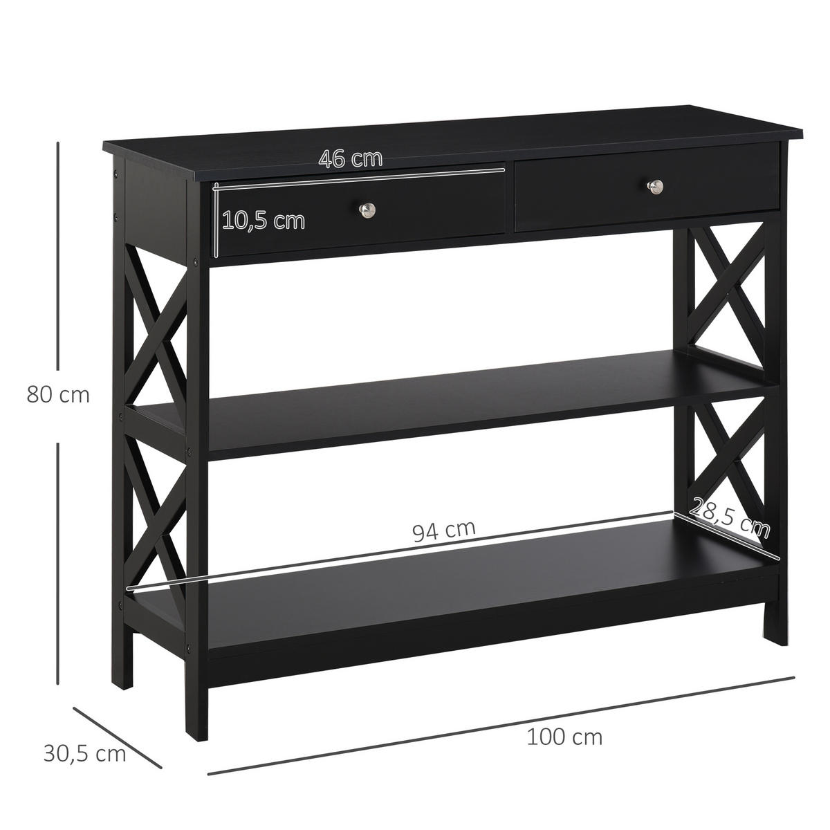 KONSOLENTISCH DE-16749 2 Schubladen + 2 Ablagen, 100 cm Schwarz - Schwarz, Holzwerkstoff (100/30.5/80cm) - ComfortXL