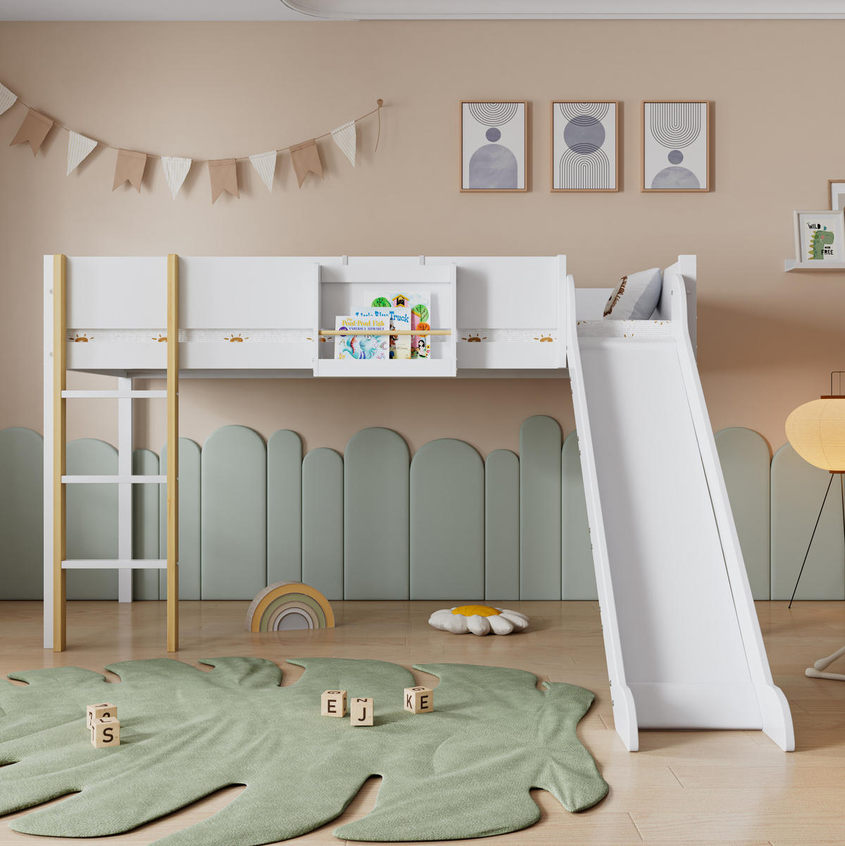 HOCHBETT mit Rutsche, dreistufiger Leiter, 90/200 cm, Weiß/Natur - Weiß, Holz (90/200cm) - MIVRAY