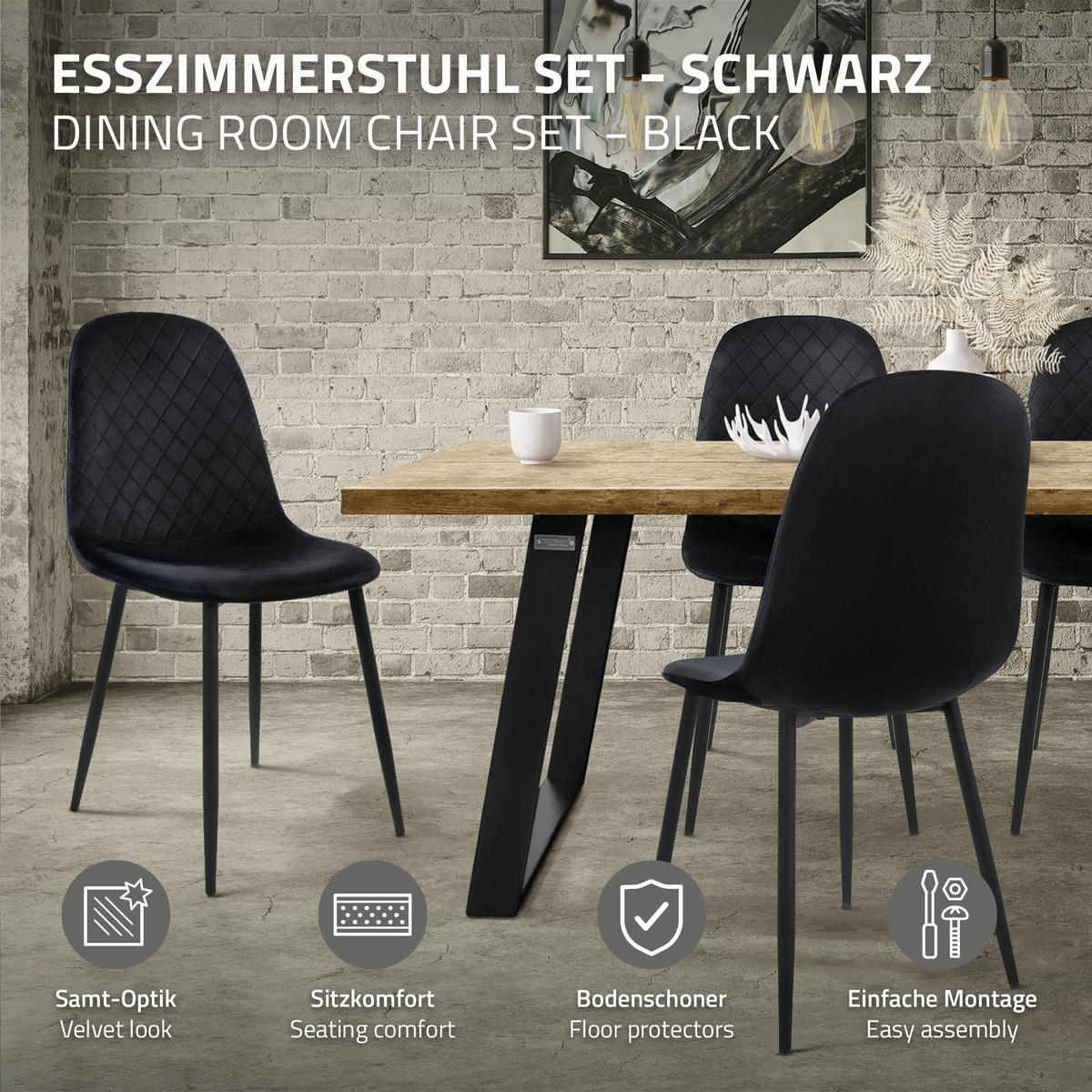 JÍDELNÍ ŽIDLE, sada 4 ks, černý samet - černá, kov/textil (51/89/44cm) - ML-DESIGN