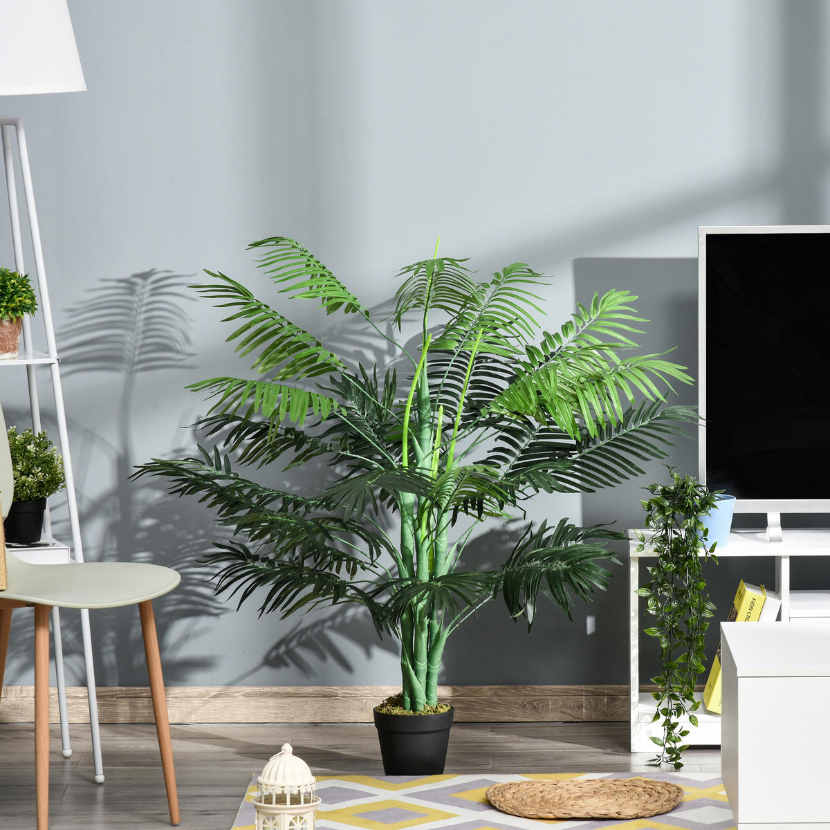 KÜNSTLICHE Palme 125cm Groß Kunstpflanze mit 18 Palmenwedel im Topf für Wohnzimmer Balkon - Grün, Kunststoff/Stein (125cm) - FORIOUS