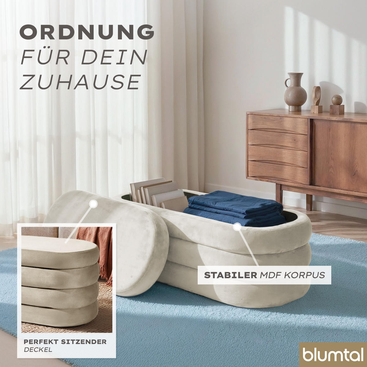SITZBANK mit Stauraum Oval – Samt Sitztruhe Creme - Beige, Textil (42/42.5/76cm) - Blumtal