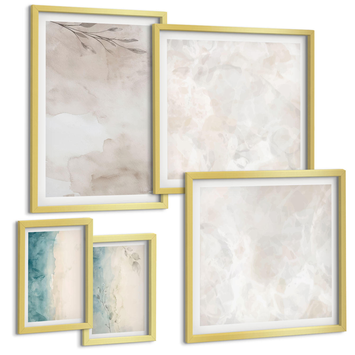 BILDER SET 5er Set - 50x50 cm & 20x30 cm & 40x60 cm Goldrahmen - Aquarellmalerei-Textur - Goldfarben, Kunststoff (40/60cm) - TULUP