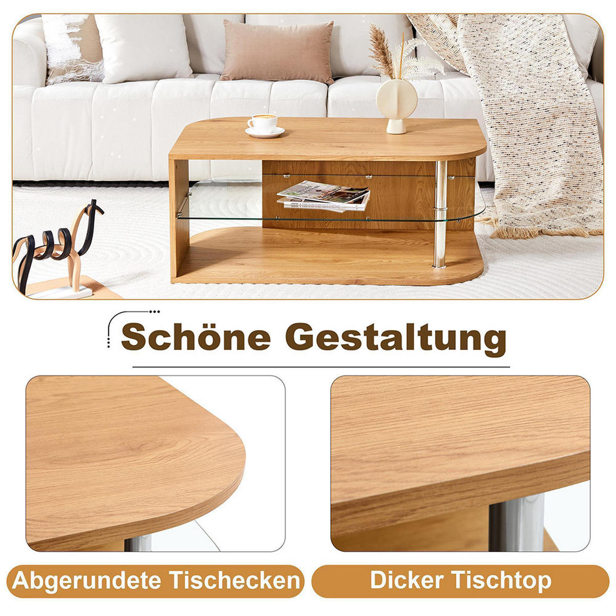 COUCHTISCH 100x60x42cm , Naturholz und Glasregal - Naturfarben, Holz/Holzwerkstoff (100/60/42cm) - KOMHTOM