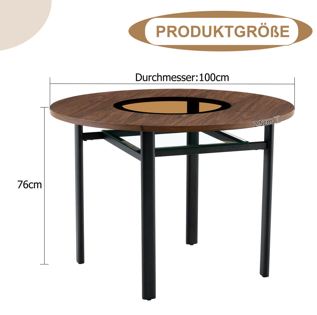 JÍDELNÍ stůl 100 cm s vloženou skleněnou deskou a spodní policí, Hnědá/Černá - hnědá, kompozitní dřevo (100/100/76cm) - Redom