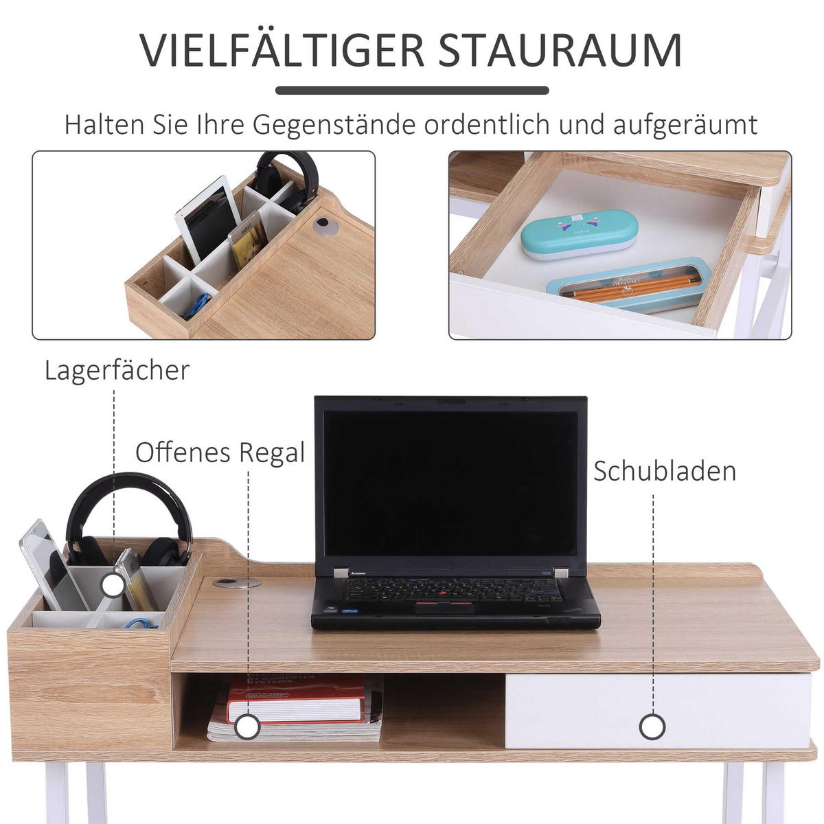 SCHREIBTISCH, MDF, Metall, Naturholz - Naturfarben, Kunststoff (100/55/81cm) - HOMCOM