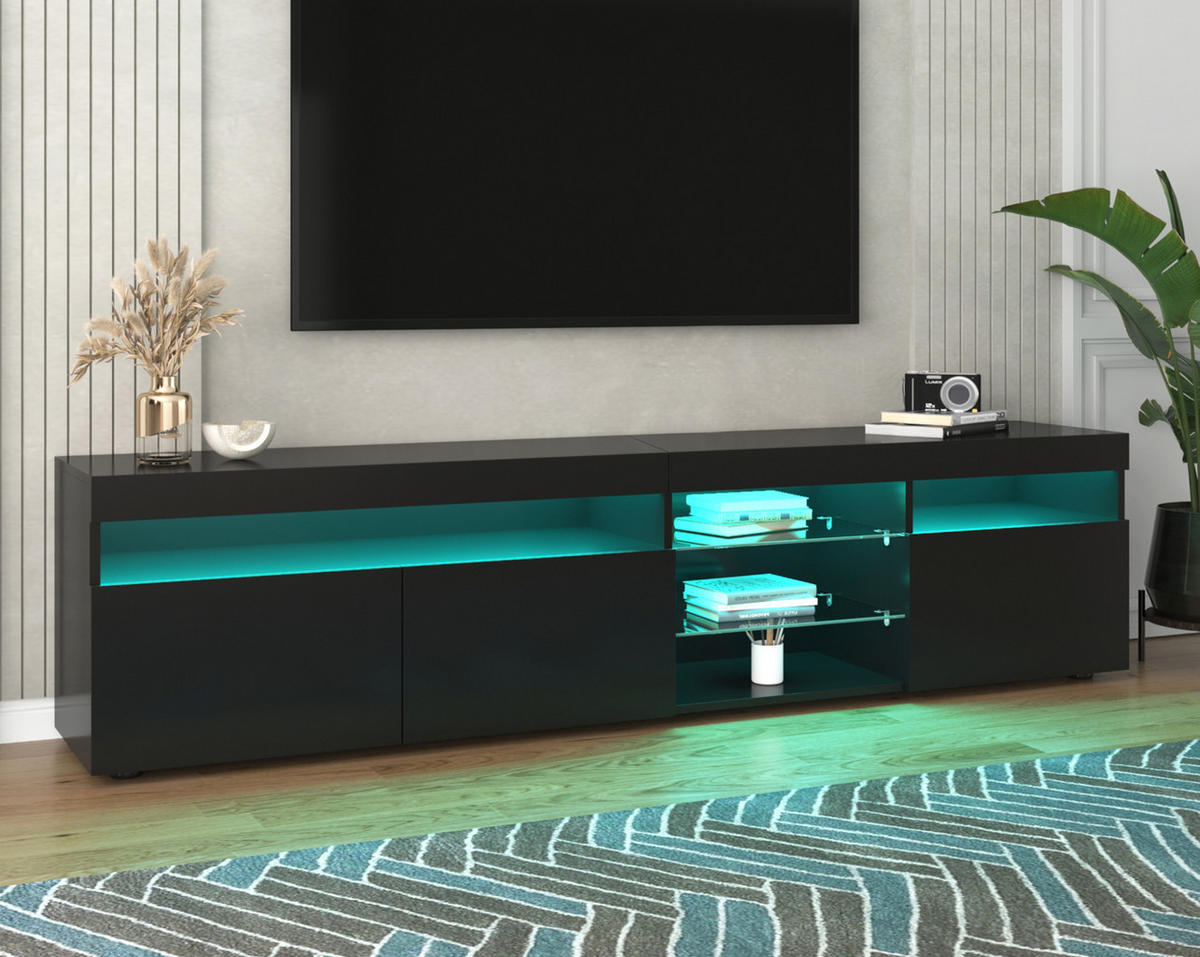 TV-SCHRANK 180/35/48 cm schwarz MDF mit variabler LED-Beleuchtung und Glaslaminat - Schwarz, Holzwerkstoff (180/48/35cm) - OKWISH