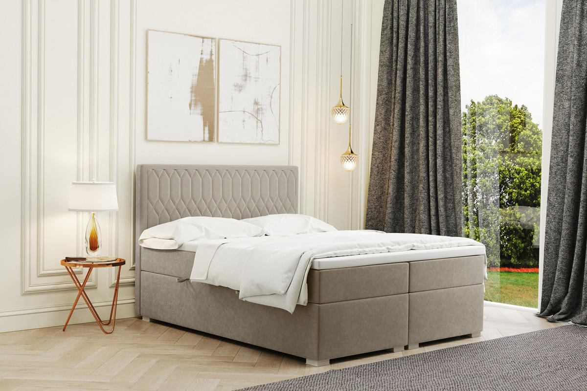 BOXBETT Mit Bettkasten Matratze Topper RIMINI Stoff Riviera Beige 120x200 cm H2-Pocket - Beige, Holz/Textil (120/200cm) - Kaiser Möbel