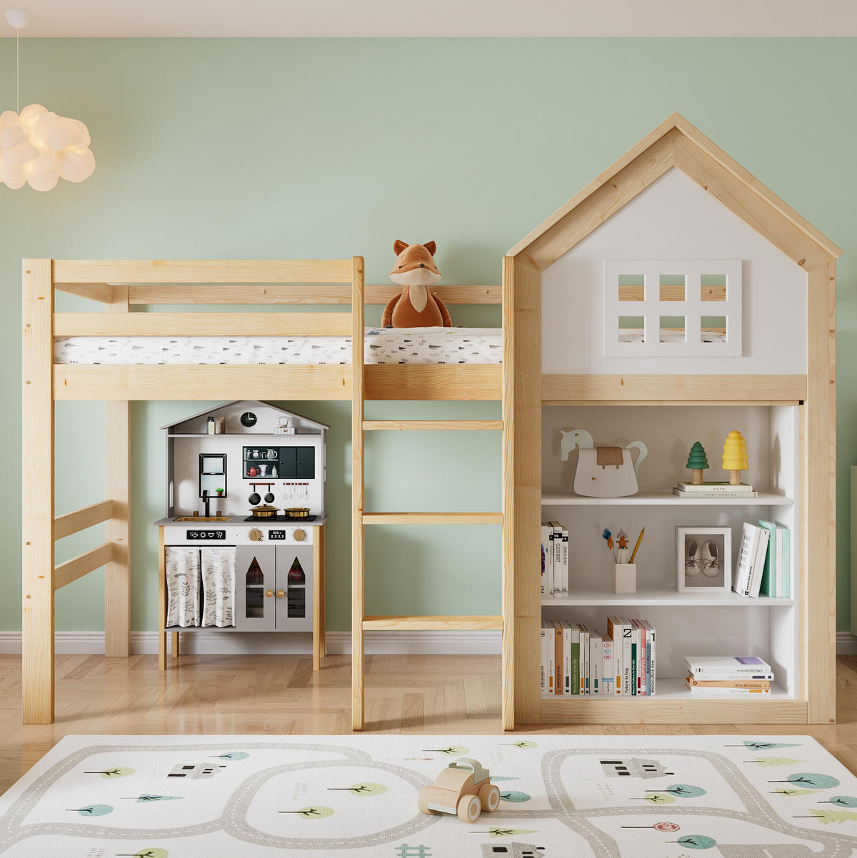 HOCHBETT 90/200 cm in Weiß/Natur – mit Stauraum, Schubladen und Rausfallschutz - Weiß, Holz (90/200cm) - BEAOK