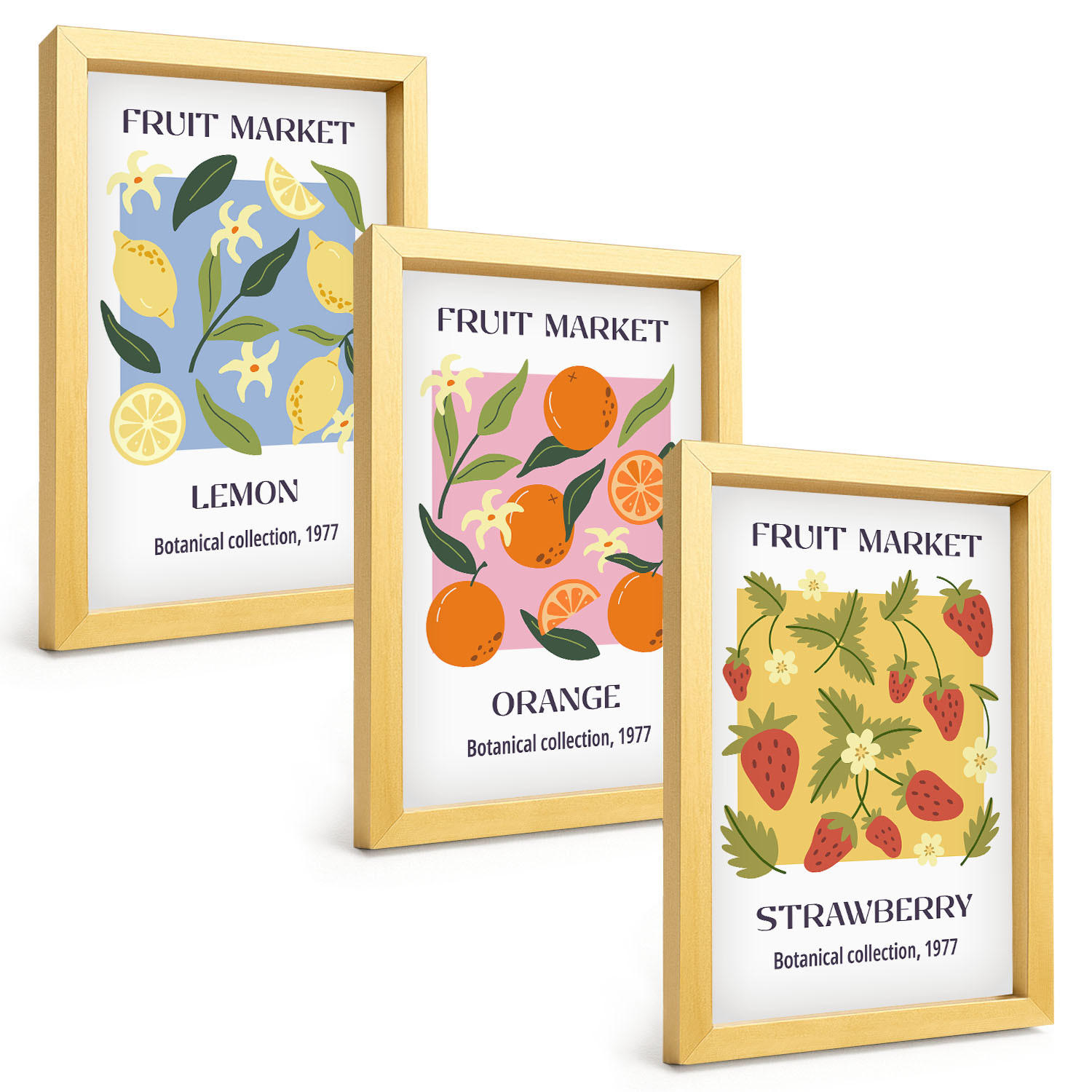BILDER SET 3er Set - 20x30 cm Goldrahmen - Fruchtposter Zitronen Erdbeeren - Goldfarben, Kunststoff (20/30cm) - TULUP