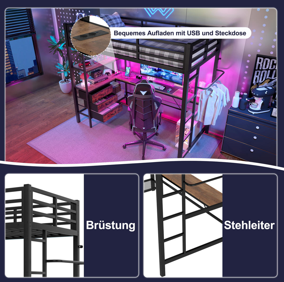 HOCHBETT mit Schreibtisch 90/200 cm in Schwarz – mit Treppe, Stauraum und LED - Schwarz, Metall (90/200cm) - BEAOK