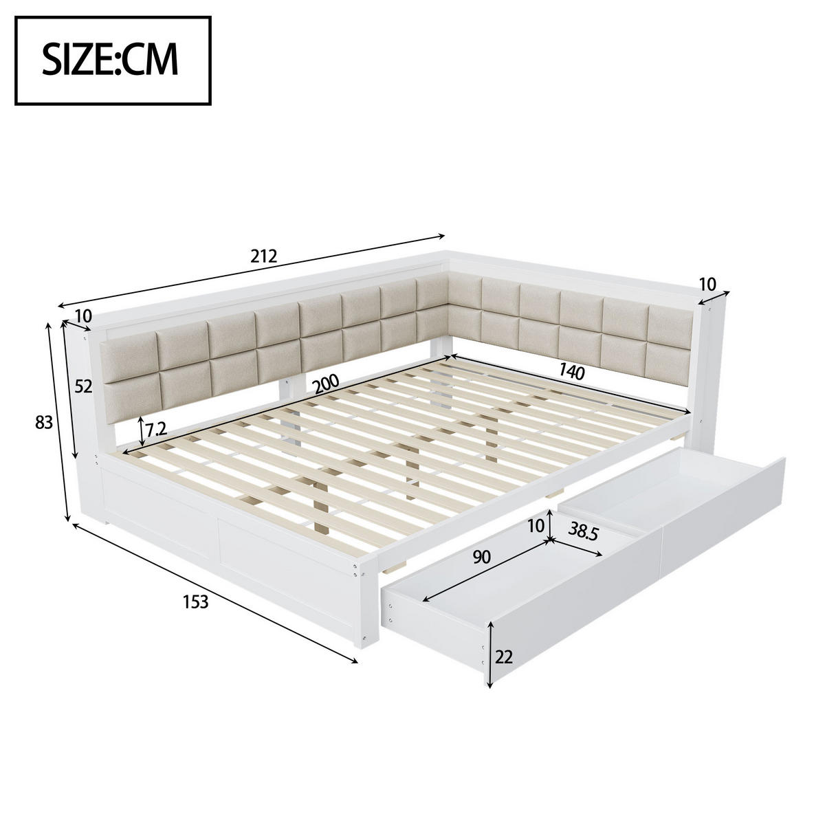 BETT aus Kiefernholz 140x200 cm Weiß mit weicher Rückenlehne und 2 Schubladen - Weiß, Holzwerkstoff (140/200cm) - Modfu