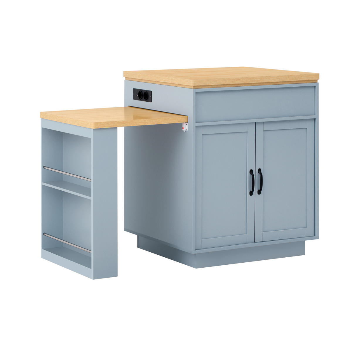 KUCHYNSKÝ ostrovček 125,5–187,5/71/93 cm modrý z MDF s výsuvným stolom LED osvetlením a nabíjacou stanicou - svetlomodrá, kompozitné drevo (125.5/93/71cm) - OKWISH