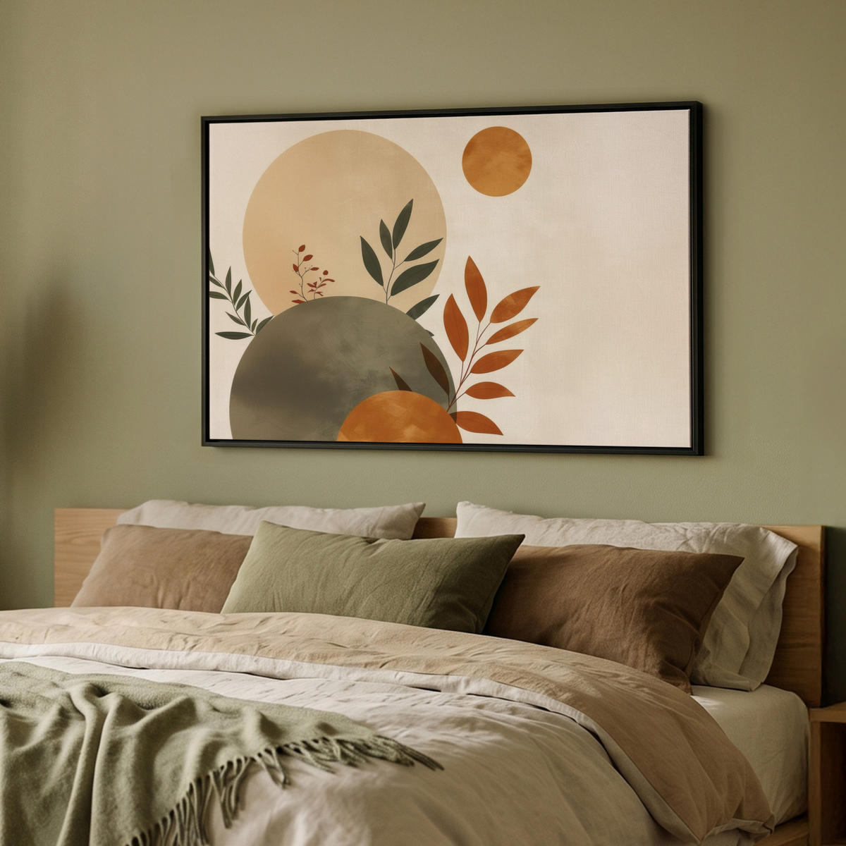 LEINWAND Bilder mit Rahmen - Formen - Rund - Blätter - Beige - 90x60 - Rostfarben, Textil (90/60cm) - MuchoWow