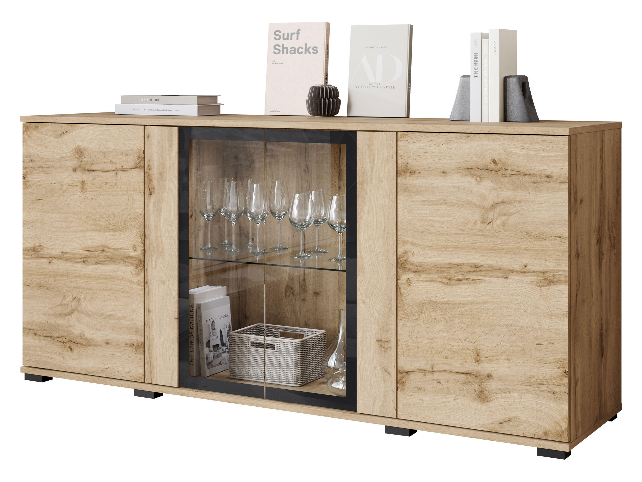 KOMMODE Caro SB 154 4D mit weißer LED Beleuchtung - Eiche Wotan/Schwarz, Holzwerkstoff/Kunststoff (150/70/40cm) - MIRJAN24