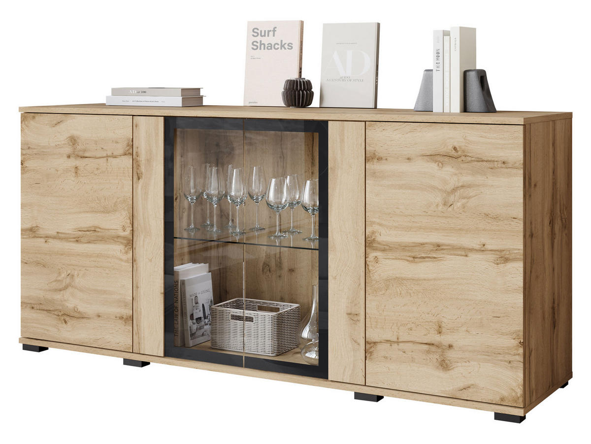 KOMMODE Caro SB 154 4D mit weißer LED Beleuchtung - Eiche Wotan/Schwarz, Holzwerkstoff/Kunststoff (150/70/40cm) - MIRJAN24