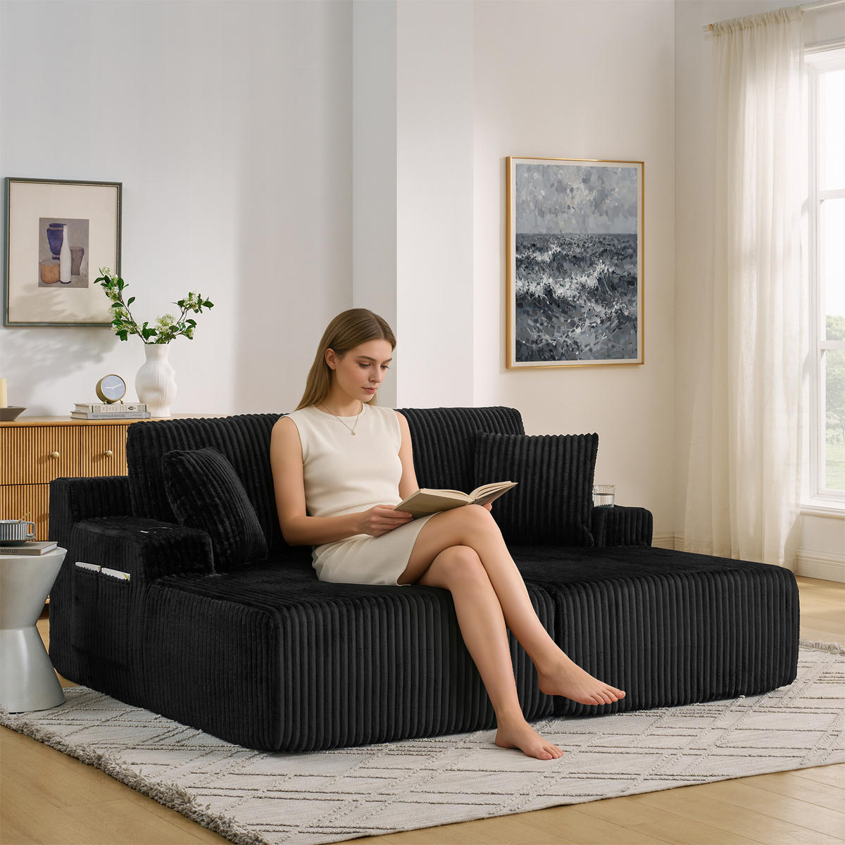 SCHLAFSOFA 2-Sitzer aus Cord mit Getränkehalter Schwarz - Schwarz, Kunststoff (186/78/154cm)