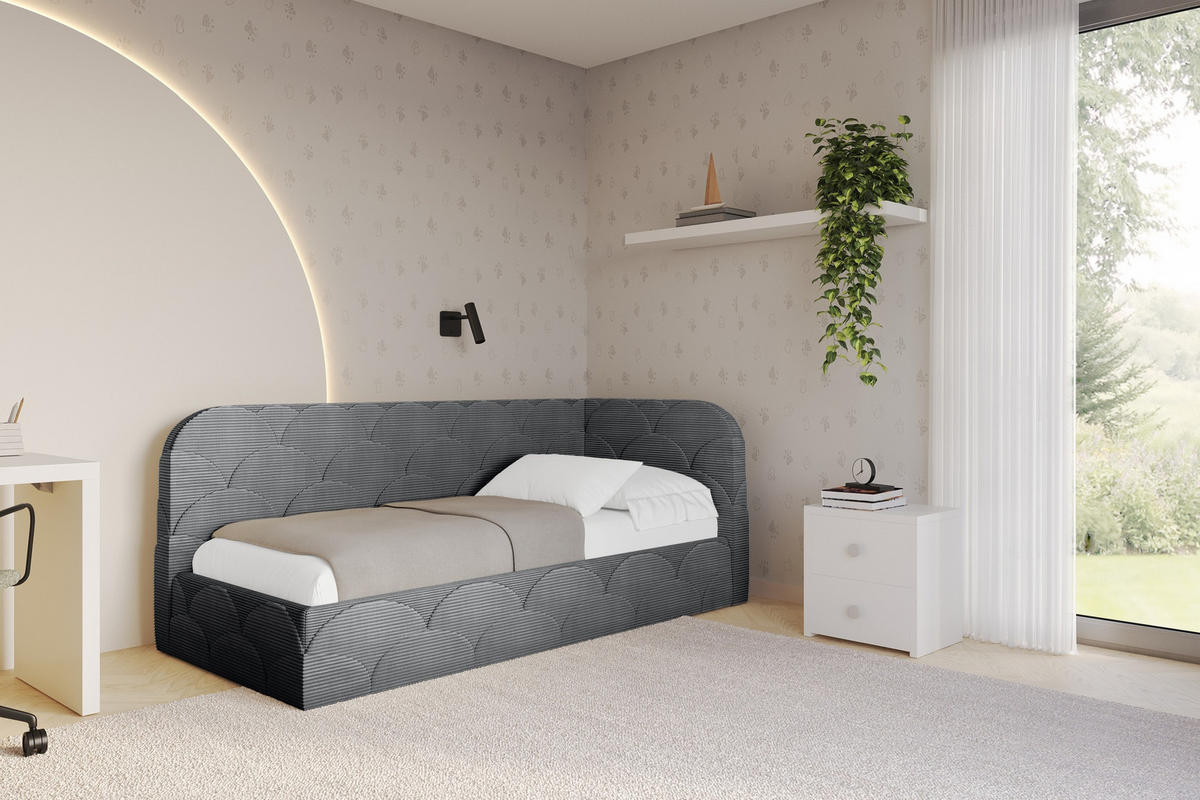 EINZELLBETT Jugendbett mit Bettkasten und Matratze H3/H4, Links - ELRY 90x200 Dunkelgrau - Graphitfarben, Holzwerkstoff/Textil (90/200cm) - ALTDECOR